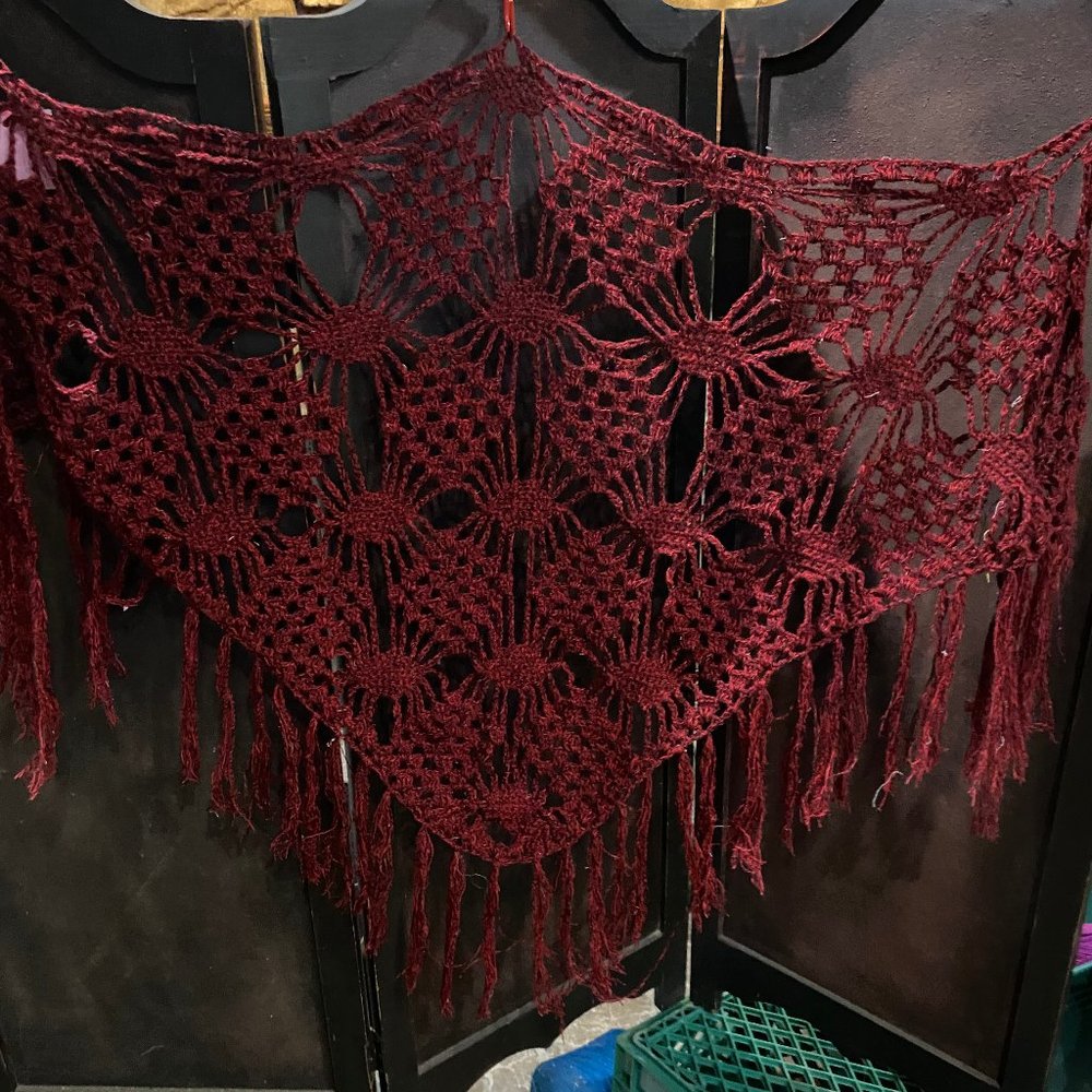 Triangle Shawl Wrap Scarf  Handmade Hand Crochet Crocheted Red with Black Tweed